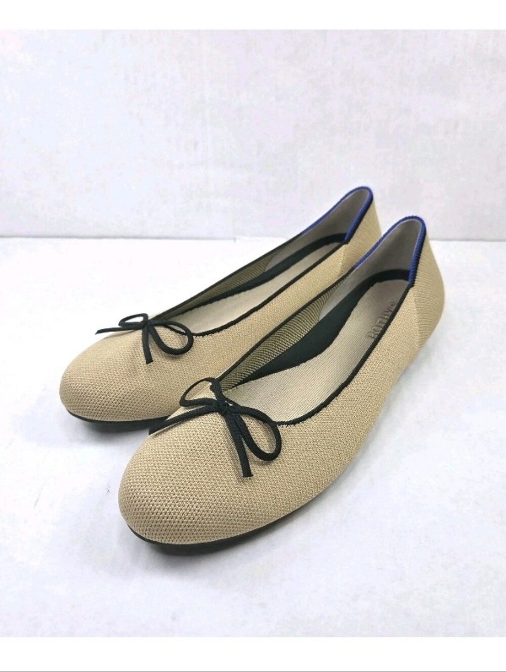 Rothy's The Ballet Flat Slip On Shoes Size 10 Beige Black Bow Quiet Luxury